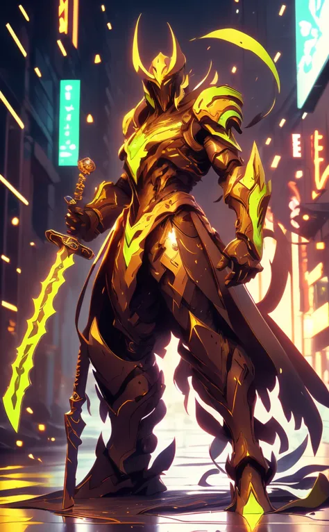 arafed image of a robot with a sword in a city, from arknights, guilty gear strive splash art, gold paladin, style of duelyst, e...