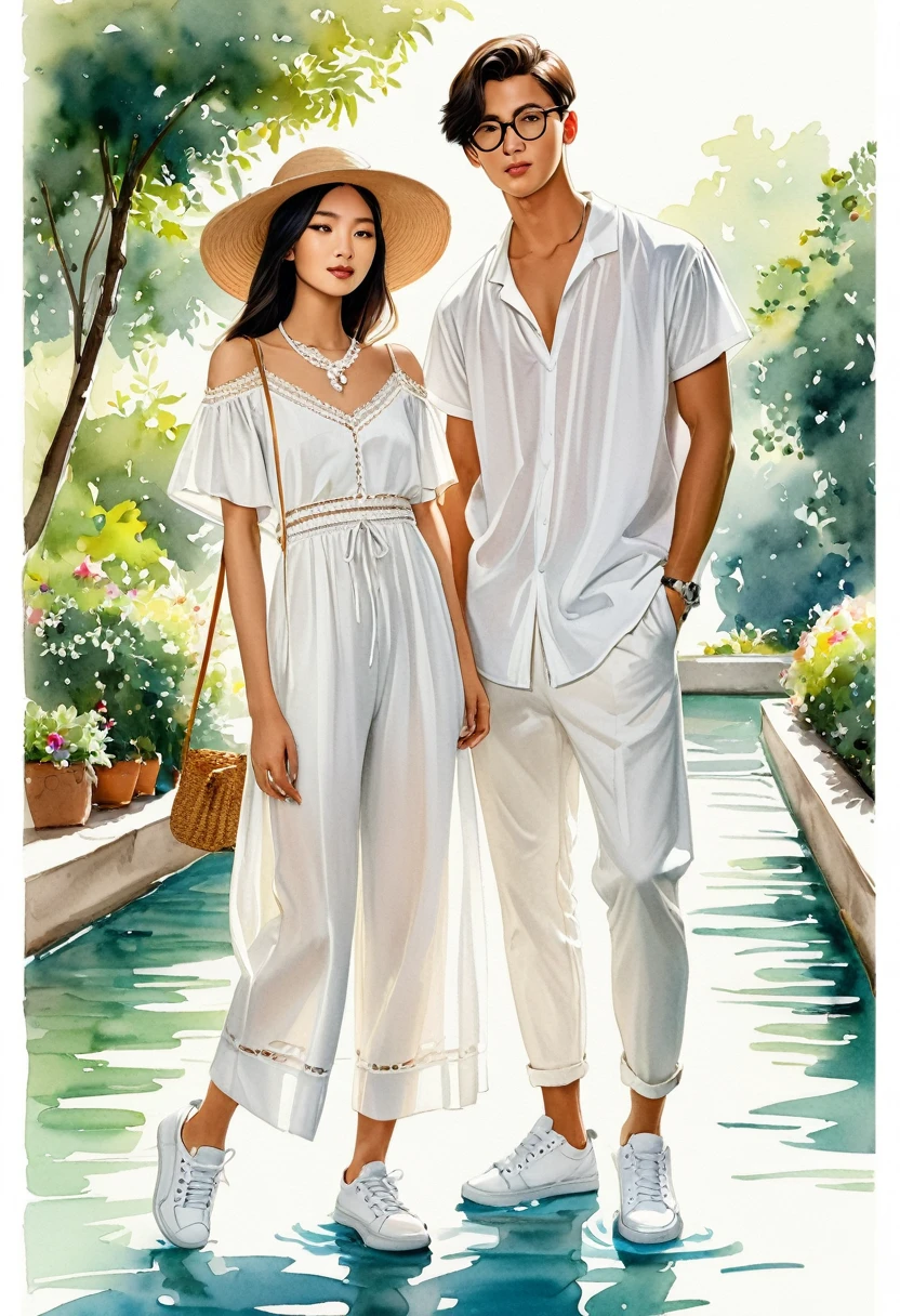 candid fashion illustration of young Asian man and woman, both aged 20 year old, ((showcase fashion look book in a White rayon outfits)), inspired by rose garden, in elegant young and chic bohemian style. The man wears an oversized short-sleeved white shirt with a minimal lace details, paired with relaxed-fit white Sports pants with Drawstring, He completes his look with white sneakers and round glasses. The woman complements him in a white dress in cotton woven fabric, lace neckline, Smocked details to creating gathers effect, Her ensemble includes an accessorizes with a brimmed straw bag, pom-pom necklace and white sneakers. Captured in a low angle, ((full-body image)), ((light water color background)), sketching, realistic drawing, ((imperfect water color drawing)), fashion look book, fashion illustrator, sketch design, Jacquemus, Chiangmai,