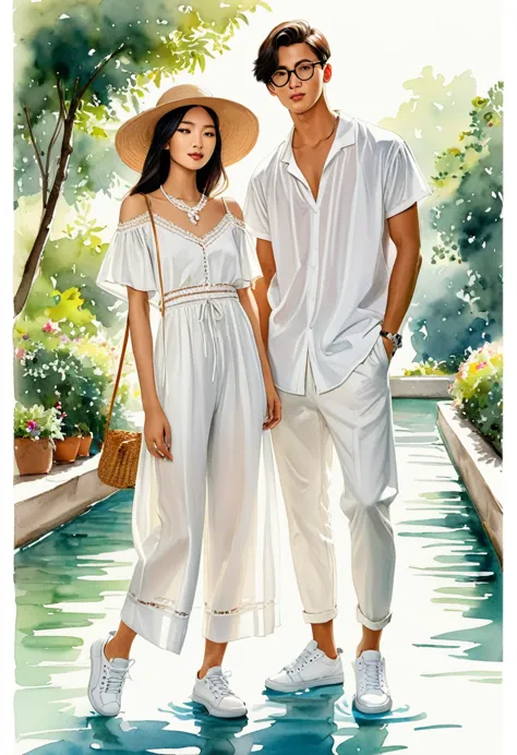 candid fashion illustration of young Asian man and woman, both aged 20 year old, ((showcase fashion look book in a White rayon o...