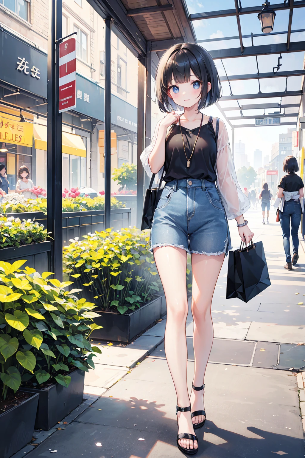 Photorealistic、Highest quality、Highest Resolution、Highest quality、８Ｋ、1人のBeautiful woman、Beautiful woman、Beautiful woman、Bob Cut Hair、Casual Style、Walking around the city、shopping、looks fun