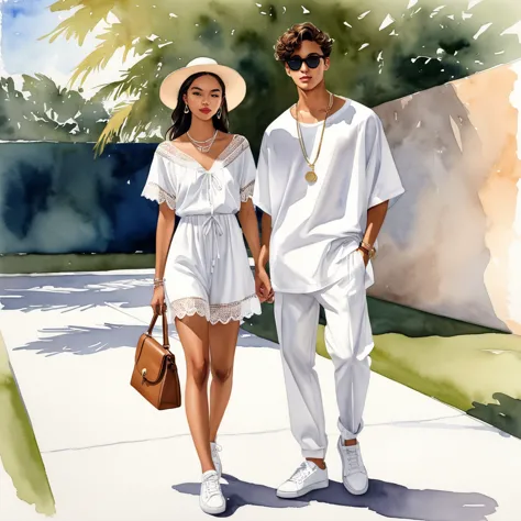 candid fashion illustration of young mixed race man and woman, both aged 20 year old, ((showcase fashion look book in a white ra...