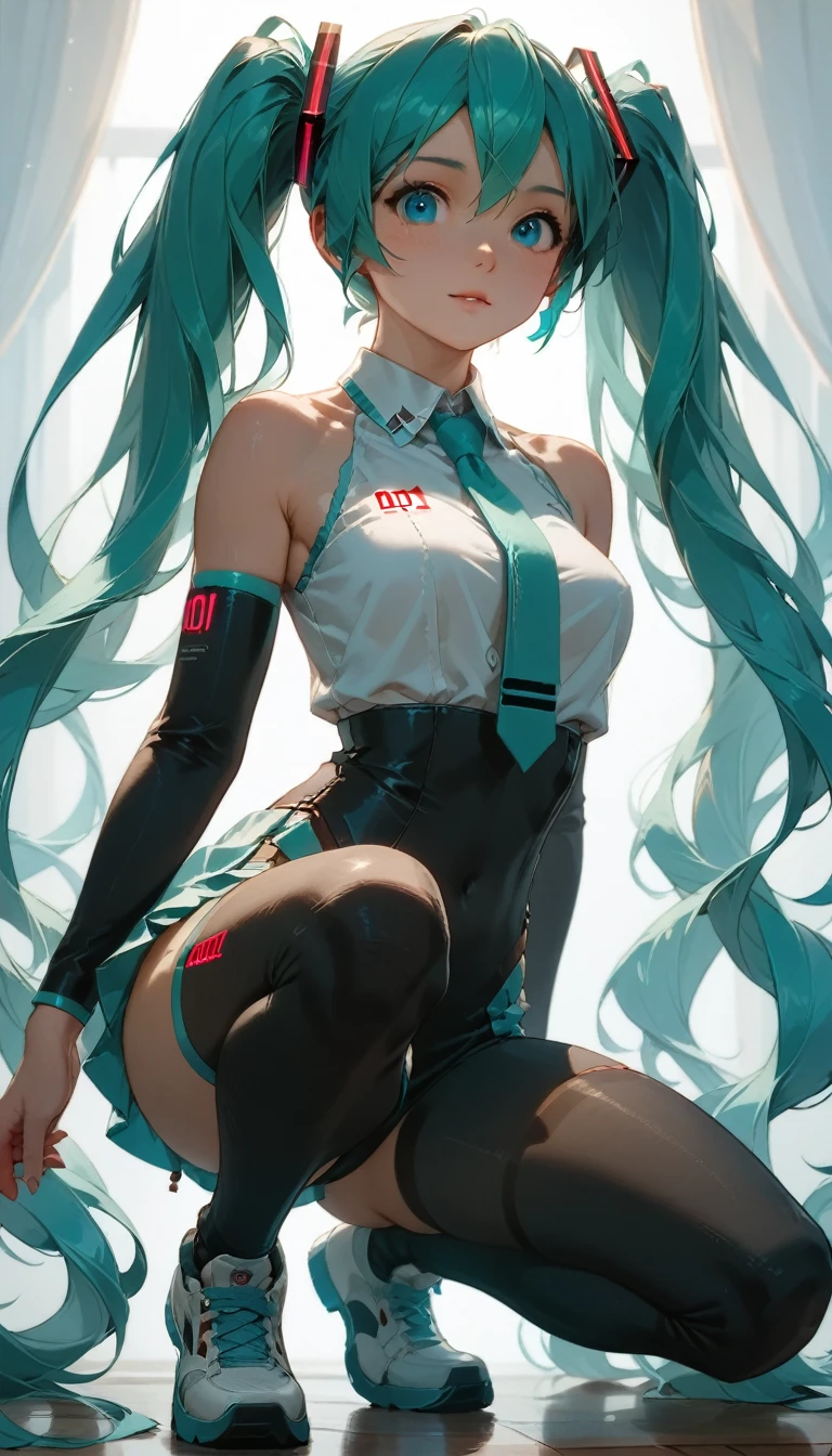 RAW Photos、Blue-green hair,Dual Horsetail,sexy,Adorable,Small eyes、Expressionless,Squat,Twin tails、hatsune miku、Official Art，unity 8k wallpaper，Very detailed，Beautiful works，Highest quality，Realistic,Photo level、Highest quality、Best image quality、masterpiece、