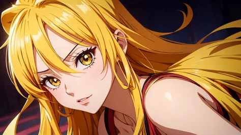 Onepiece animation style, beautiful girl, bright gold hair and bright gold eyes