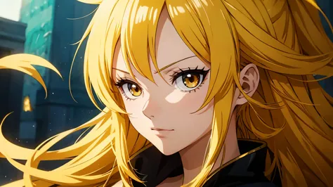 Onepiece animation style, beautiful girl, bright gold hair and bright gold eyes