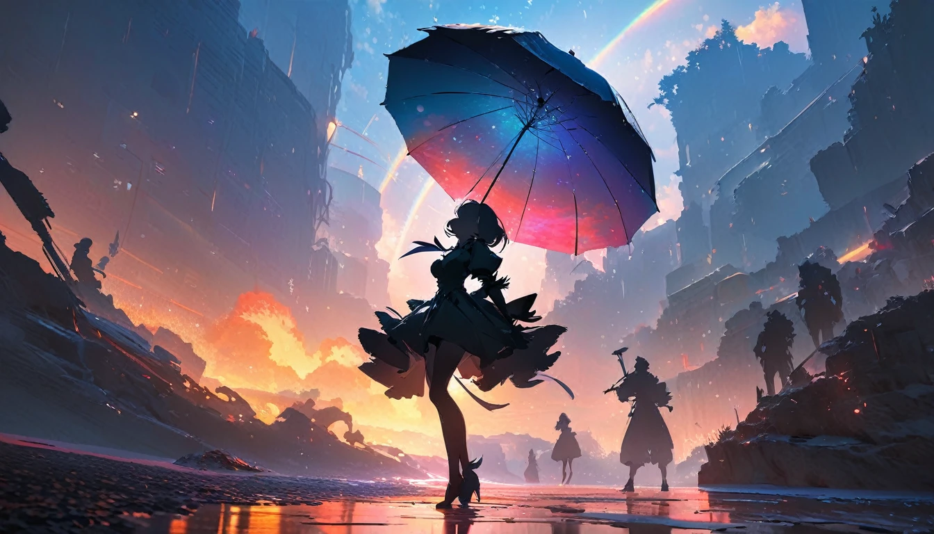 (Highest quality,8K,High resolution, masterpiece:1.2), Super detailed, High resolution, 超High resolution, Studio Lighting, Ultra-fine painting, Sharp focus, Physically Based Rendering, Very detailed explanation, Professional, Vibrant colors, Concept Artist, Warm color palette, Dramatic lighting,Pouring rain, Woman looking up at the sky,(ニーアオートマタ2b) ,2b,Rainbow in the sky, (Silhouette Art),Several mechanical weapons in the background,Beautiful background,Fantastic Background,