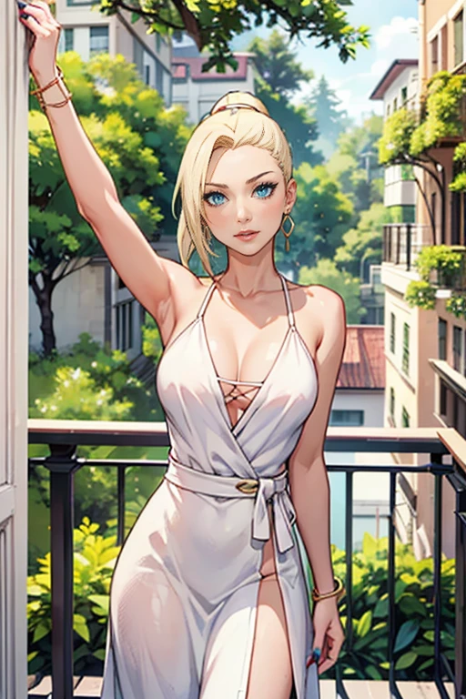 ((1girl, solo ,alone, ino yamanaka, yamanaka_ino, blue eyes, blonde hair, ponytail, painted nails, gold bracelets, ruby earrings)), ((solo, 1woman, pink lipstick, Extremely detailed, ambient soft lighting, 4k, perfect eyes, a perfect face, perfect lighting, a 1girl)), austere, ((white dress, forest in the background, balcony))