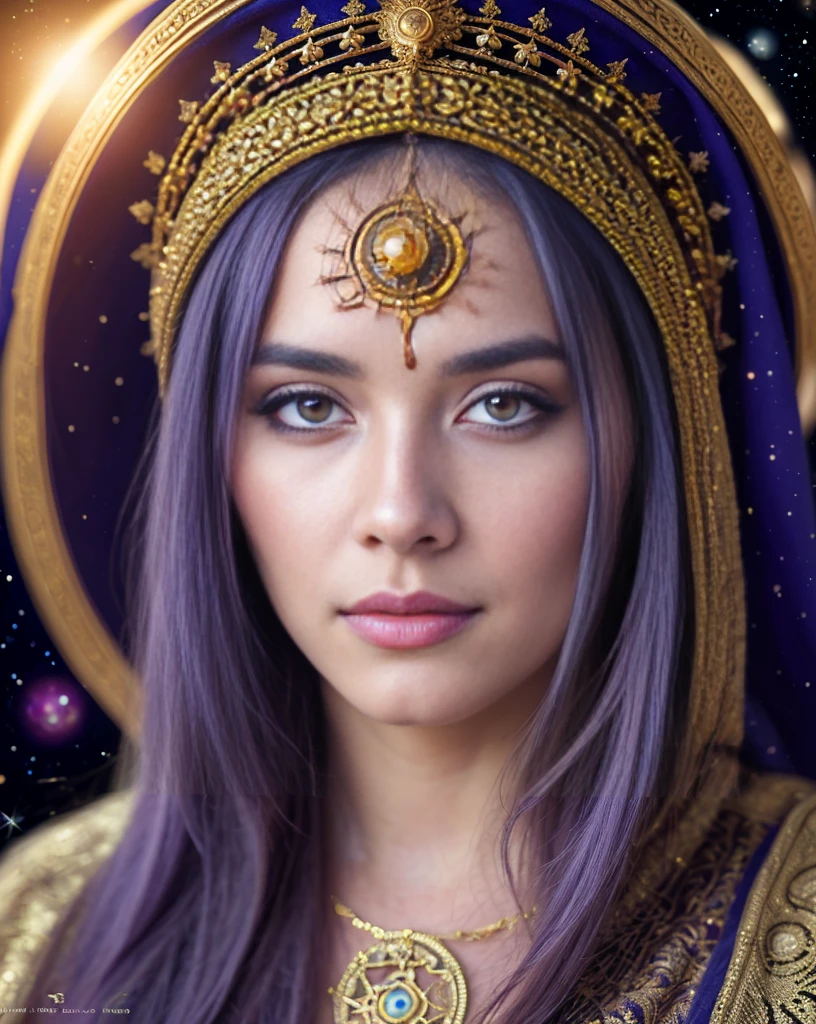 astrologer, female astrologer, detailed face, detailed eyes, detailed lips, long eyelashes, intricate robes, astrological symbols, occult objects, mystical, ethereal, glowing orb, cosmic background, (best quality,4k,8k,highres,masterpiece:1.2),ultra-detailed,(realistic,photorealistic,photo-realistic:1.37),concept art