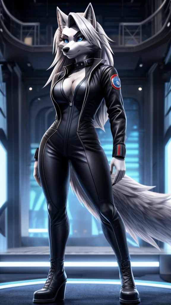Loona from Helluva Boss, female wolf, mature adult, anthro, white hair, blue eyes, forensic suit outfit, standing, detailed, solo, beautiful, high quality, 4K