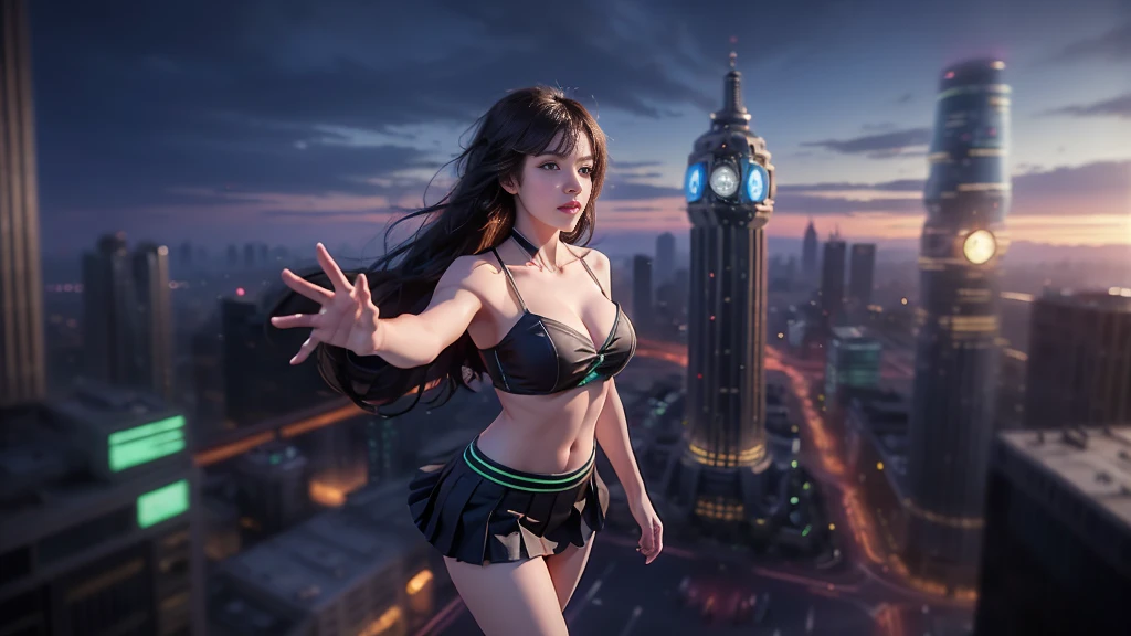 At night, (((aerial view of futuristic sci-fi cyberpunk city, skyscrapers, (((flying cars))), (giant vortex glowing hologram (((clock tower))) as time machine), high quality))). Matrix style, (1girl, solo), photo realistic, (((large-breast:1.2 slim body, cleavage:1.3, tube top, short pleated (((miniskirt)))))), (((((matrix style black (sunglasses), aiming at viewer with a (mini rifle):0.3))))), (((dynamic pose, half-body (thigh level) medium shot))), cinematic lighting.