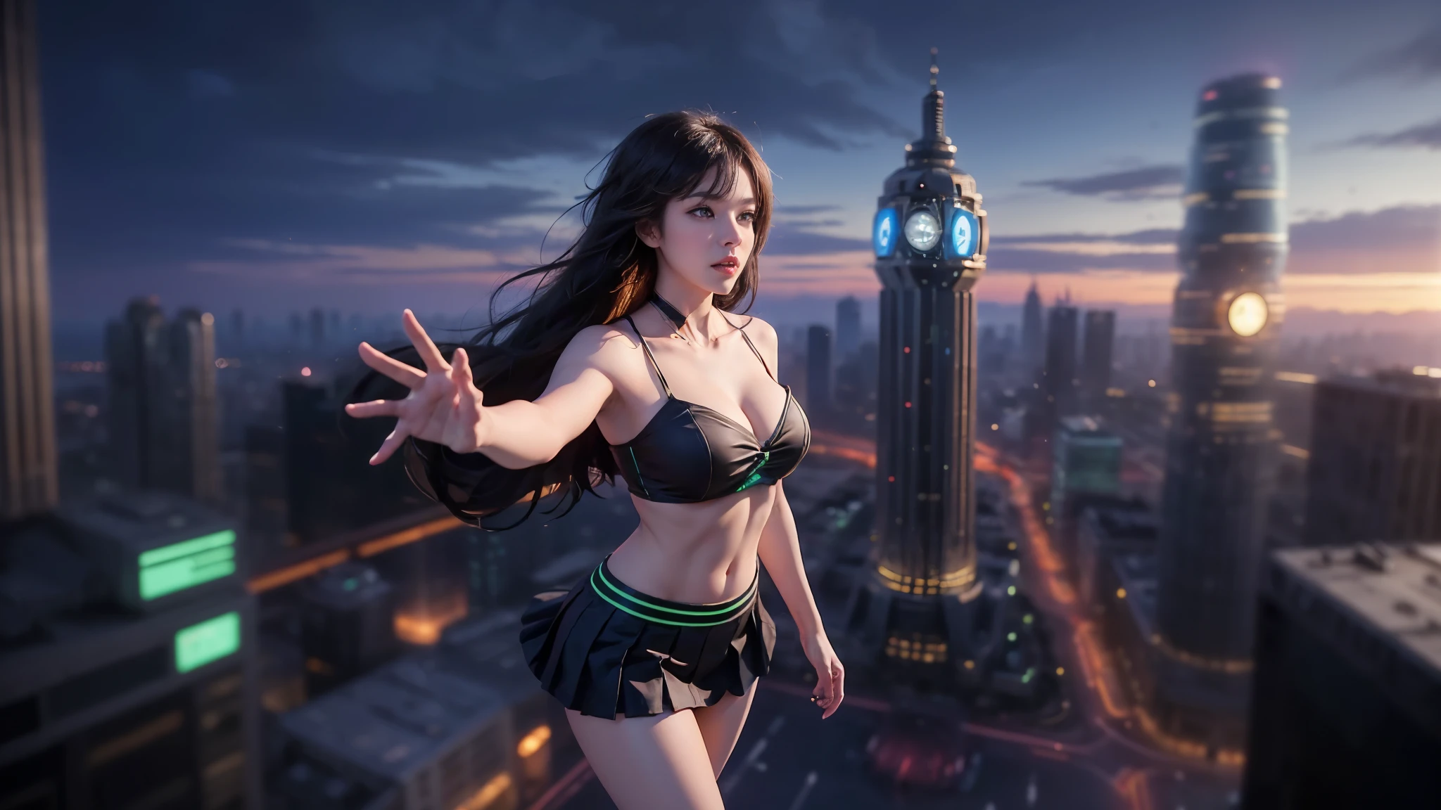 At night, (((aerial view of futuristic sci-fi cyberpunk city, skyscrapers, (((flying cars))), (giant vortex glowing hologram (((clock tower))) as time machine), high quality))). Matrix style, (1girl, solo), photo realistic, (((large-breast:1.2 slim body, cleavage:1.3, tube top, short pleated (((miniskirt)))))), (((((matrix style black (sunglasses), aiming at viewer with a (mini rifle):0.3))))), (((dynamic pose, half-body (thigh level) medium shot))), cinematic lighting.