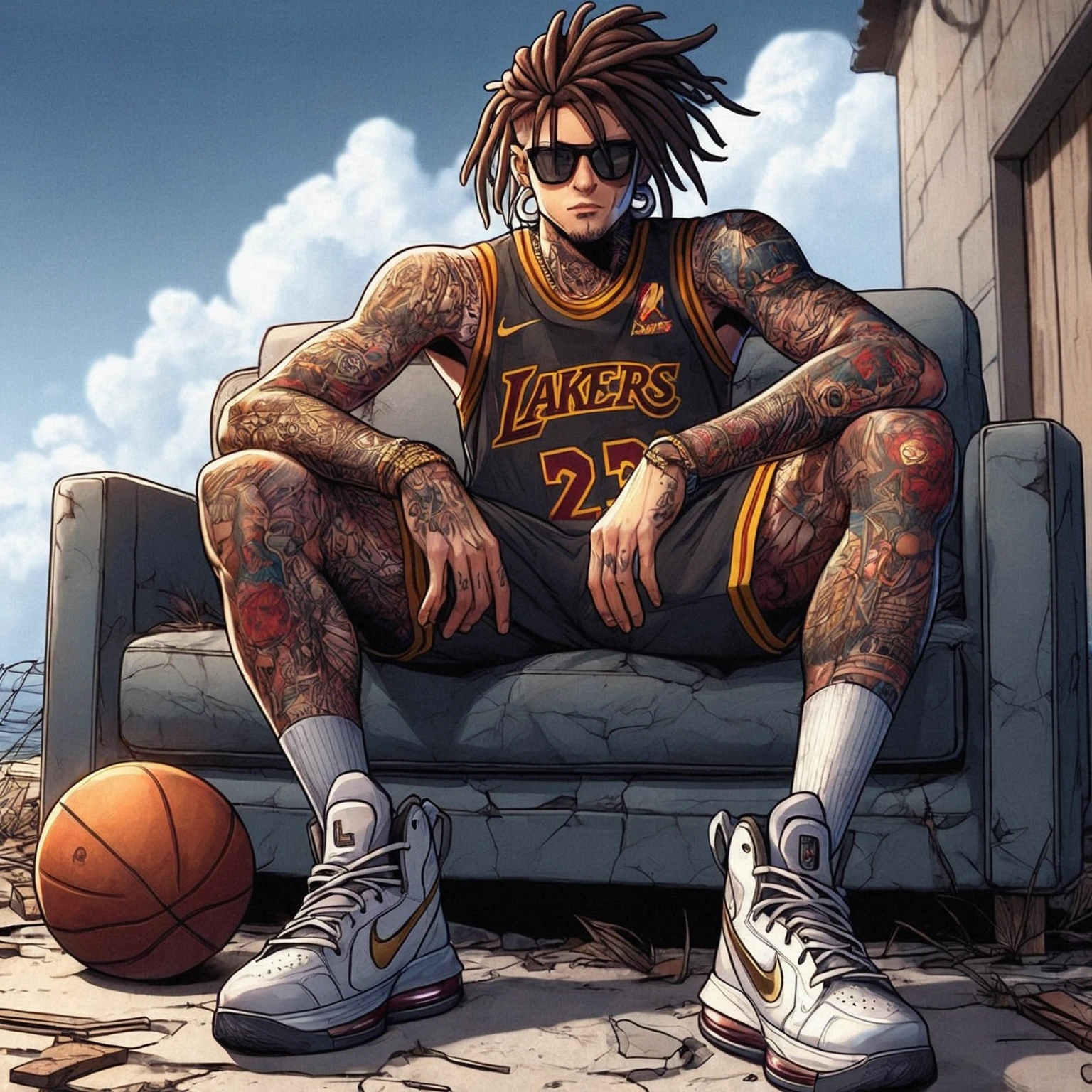 arafed image of a man sitting on a couch with a basketball ball, official artwork, nba, official art, james lebron, wearing nba jersey, inked and colored, album art, basketball sneaker concept art, slam dunk, profile shot, by Eddie Mendoza, chief keef, wiz khalifa, badass look, john liberto, fanart, fan art, scence of slam dunk