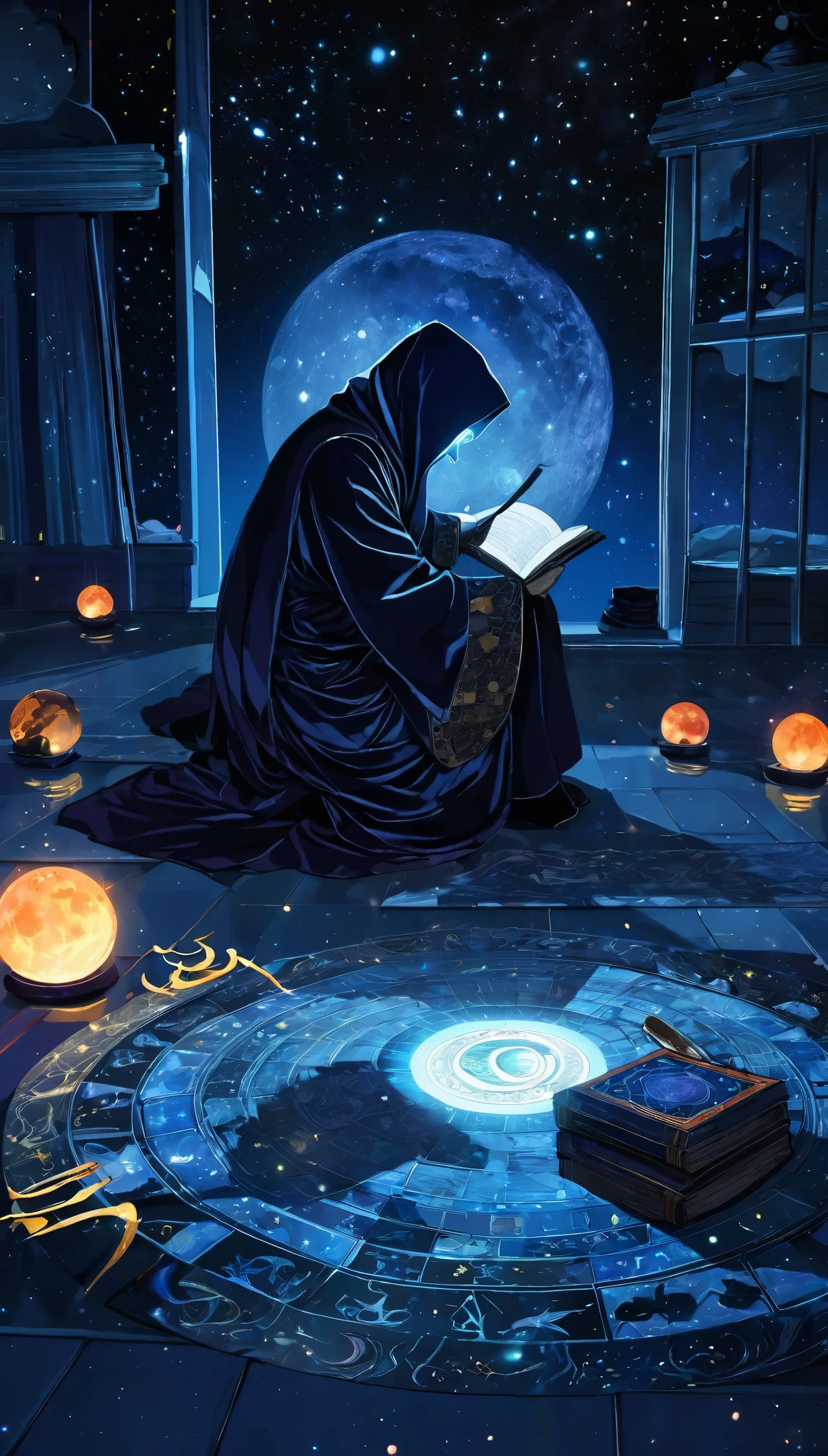 best quality, super fine, 16k, 2.5D, delicate and dynamic depiction, dark astrologer, wearing heated robe and only shadow of his face is visible, sits on the floor and begins to read fortunes, dimly lit room filled with large number of astrological tools, mysteriously glowing horoscope, moon, sun, stars, constellations, mysteriously sinister effects