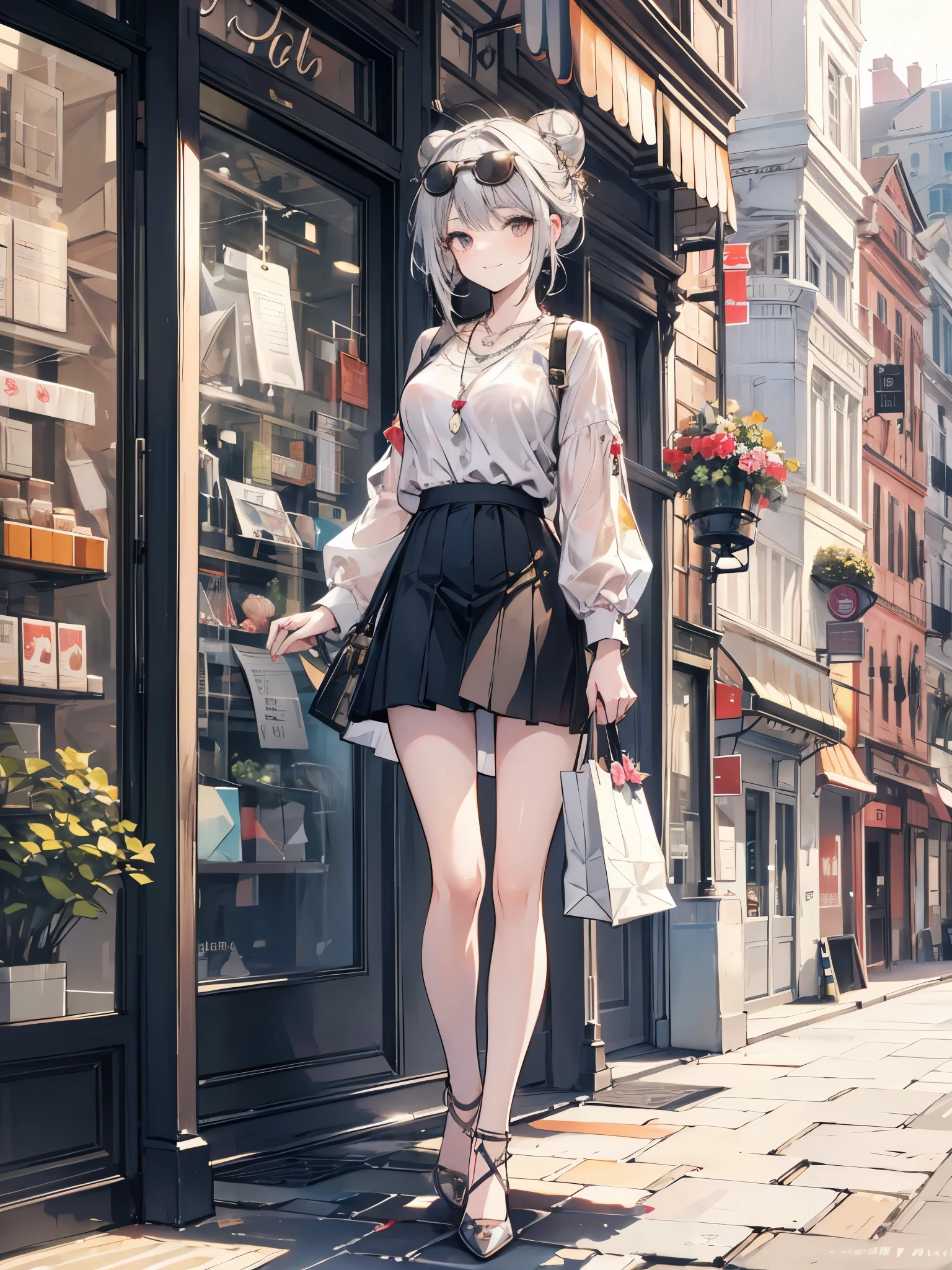 highy detailed, high qualiy, work of art, 1womanl, Walking on the street, shopping bag with both hands, happy expression, chestnut hair, tied in a messy bun, (casual outfit: 1.1), white undershirt, skirt short, high-heels, light-makeup, (silver necklace: 1.2), sunglasses on head, Holding flowers, people and shop window in the background, plein-air, Sunnyday.
,