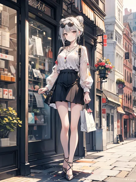 highy detailed, high qualiy, work of art, 1womanl, walking on the street, shopping bag with both hands, happy expression, chestn...