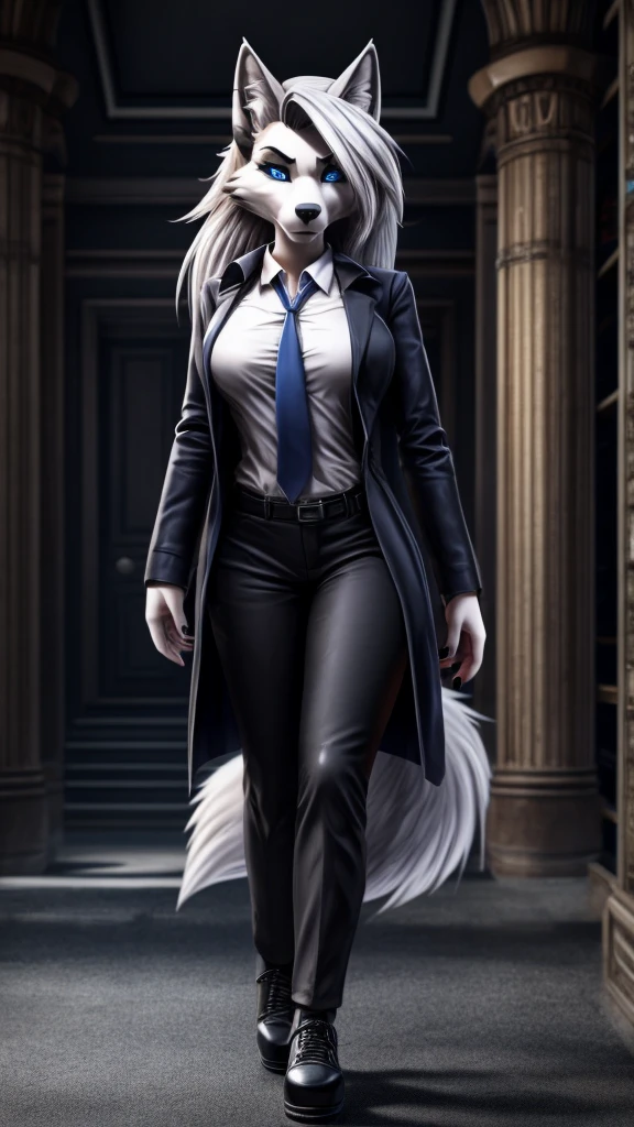 Loona from Helluva Boss, female wolf, mature adult, anthro, white hair, blue eyes, forensic expert, white shirt with tie, black pants, black shoes, coat, detailed, solo, beautiful, high quality, 4K