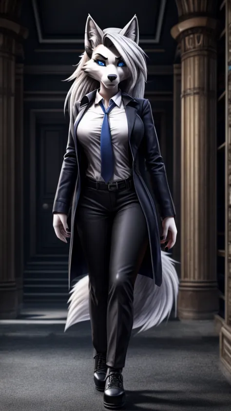 Loona from Helluva Boss, female wolf, mature adult, anthro, white hair, blue eyes, forensic expert, white shirt with tie, black ...