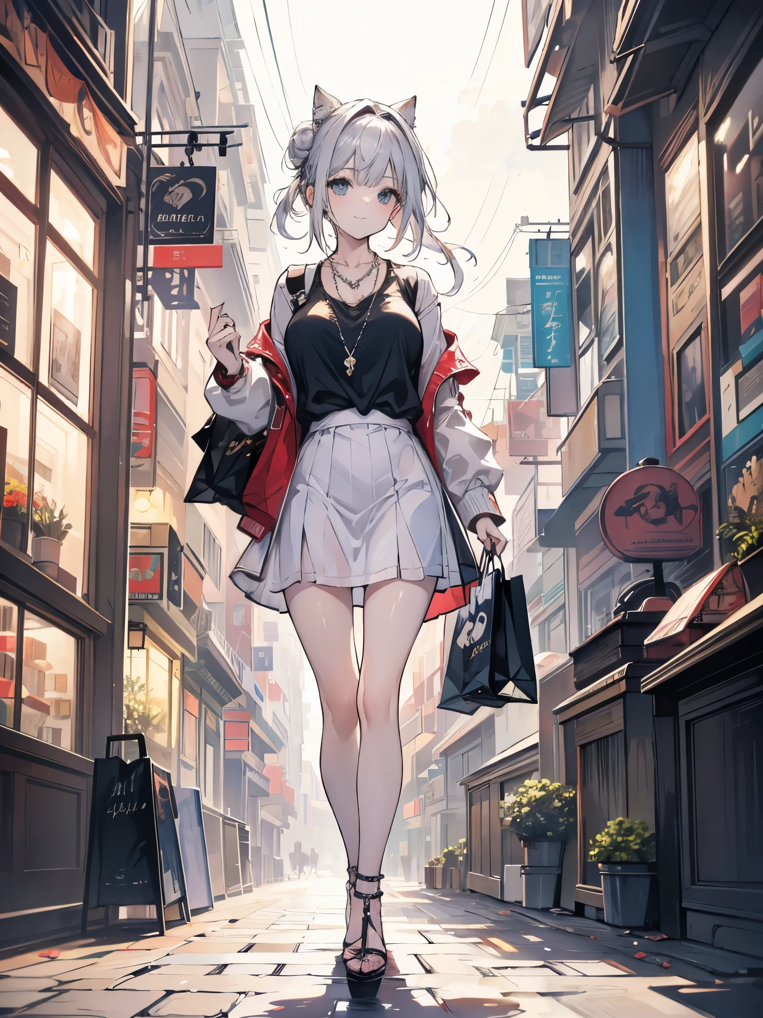 highy detailed, high qualiy, work of art, 1womanl, Walking on the street, shopping bag with both hands, happy expression, chestnut hair, tied in a messy bun, (casual outfit: 1.1), white undershirt, skirt short, high-heels, light-makeup, (silver necklace: 1.2), sunglasses on head, Holding flowers, people and shop window in the background, plein-air, Sunnyday.
,