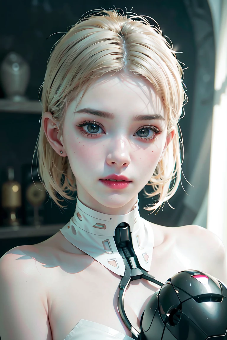 《The role of artificial intelligence》。（（（Virtual character design：Psychological counselor。miss，20 years old，white short hair，Exquisite facial features，beautiful make up，Skin details，Smile）））。（（white suit））。((Super realistic details))。 illumination, light and shadow, octane rendering, 8k, super sharp,complicated, Accessory details,atmosphere