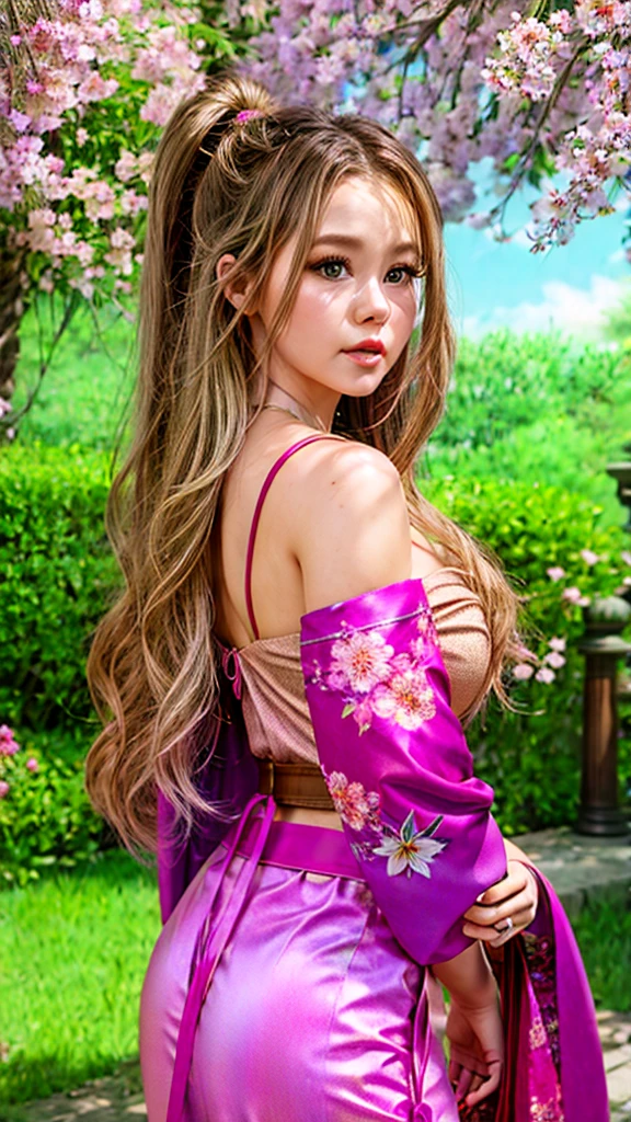 ((front view)), brec bassinger wearing a small kimono，cherry trees in background, big breasts, huge cleavage, photoreal render，high contrast image, rendering by octane，zbrush。character design，realisticlying，unreal-engine，ultra - detailed，concept-art，trends in art station。 ((best quality)), ((masterpiece)), ((realistic)), (detailed), (brown eyes:1.2), highly detailed skin and hair, Fantasy art，stunning gradient colors，detailed back ground，extremely detaile, tmasterpiece)，HDR,,