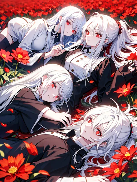 Lying in a flower field, red eyes, white hair, beautiful white hair, bright eyes, ponytail,