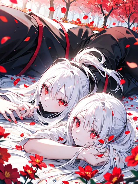 Lying in a flower field, red eyes, white hair, beautiful white hair, bright eyes, ponytail,