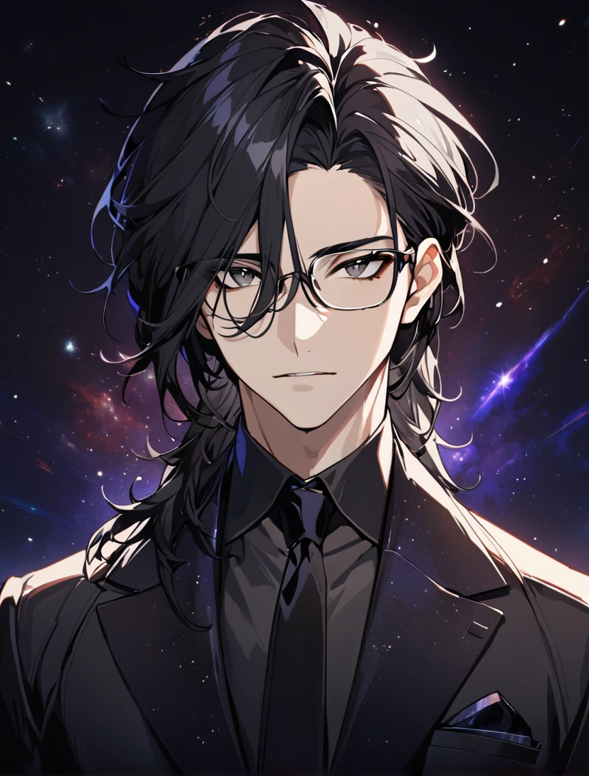 (black_hair), (long_male_hair), (black_eyes), (high_detailed_eyes), (attractive), (emotionless), (Deep_space_background), (male), (wearing _a_black_suit), (long_male_hair), (detailed_Hair), (detailed), (detailed_mouth), (close_up), (vertical_slit_pupils), (Handsome), (glasses)