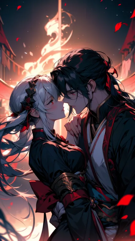 Anime couple kissing in the dark with red petals falling, Gap Moe Yandere Grimdark, WLOP and Sakimi-chan, Nightcore, onmyoji, Fr...