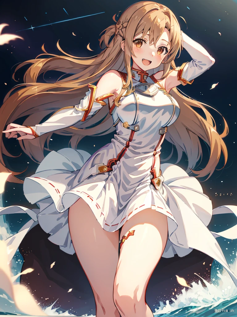 Star, asuna, wide, Brown hair, braid, Brown eyes, bare shoulders, armor, breastplate, white sleeves, separate sleeves, Red skirt, pleated skirt, white thighs, undulation, SMILE, Leaning forward, Open mouth, City, Fancy