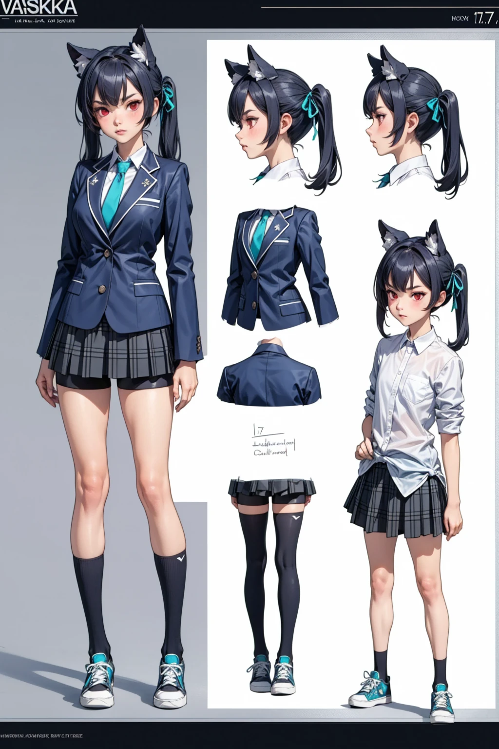 girl, alone, whole body, From head to toe, Are standing, (Huge_chest:1.3), Beautiful body, Perfect body, Nice body,

((Character design sheet:1.7, Character Reference Sheet:1.7,)),

Vaselika, Twin tails, Long Hair, Hair Ribbon, Red eyes, Collared shirt, Blue tie, blazer, Checked skirt, Bike Shorts, Shorts under the skirt, sneakers