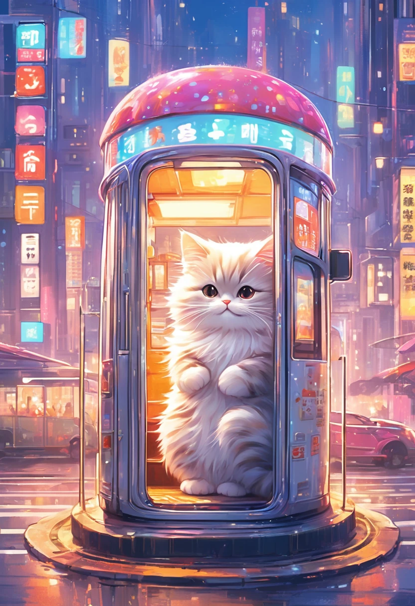 Gato antropomórfico,con pequeños pasos,parada de autobús,Ver Horario,Encantador,pelaje esponjoso,obra maestra,Colores ricos,mejor calidad,arte oficial,fantasía,rico y colorido,Feliz,sonrisa,最高にEncantador猫,gato peludo,Expectativas,Felicidad,fondo hermoso,Hermosas vistas de la ciudad,salida divertida,Tiempo de espera interesante,brillante,Hermosa luz y sombra,