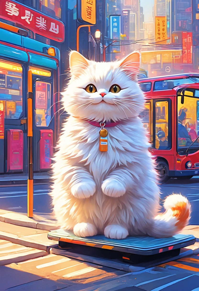 Gato antropomórfico,com pequenos passos,ponto de ônibus,Ver programação,Adorável,pelo fofo,obra de arte,cores ricas,melhor qualidade,Arte oficial,fantasia,rico e colorido,feliz,sorriso,最高にAdorável猫,gato peludo,expectativas,felicidade,belo plano de fundo,Vistas elegantes da cidade,passeio divertido,Tempo de espera interessante,brilhante,Linda luz e sombra,