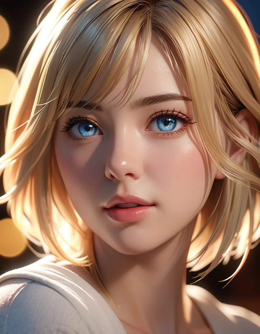 best quality, masterpiece, High resolution, portrait, current, blue eyes, blond, Large Breasts, 8K resolution, high qualityCG, Beautiful CG, Soft Light, The Tyndall effect, lifelike, two-tone lighting, Side lighting, (HD Skin:1.2), 8k ultra high definition, high quality, Volumetric lighting, confess, photography, 超High resolution, 8K, bokeh, Shallow depth of field