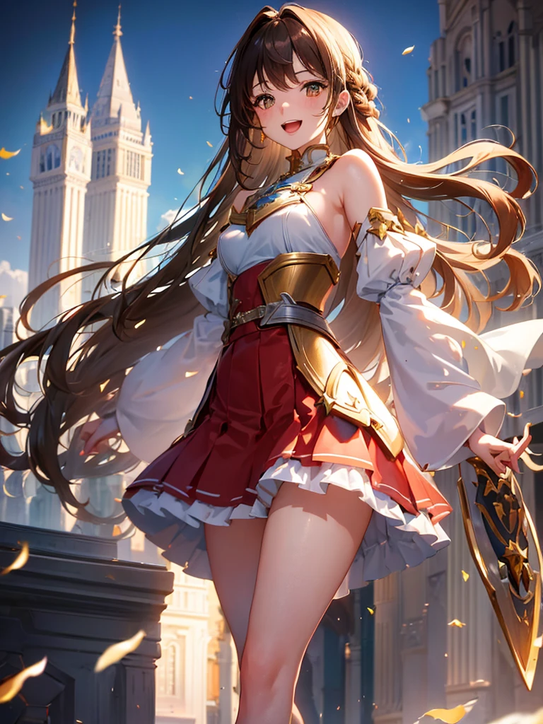 Star, asuna, wide, Brown hair, braid, Brown eyes, bare shoulders, armor, breastplate, white sleeves, separate sleeves, Red skirt, pleated skirt, white thighs, undulation, SMILE, Leaning forward, Open mouth, City, Fancy