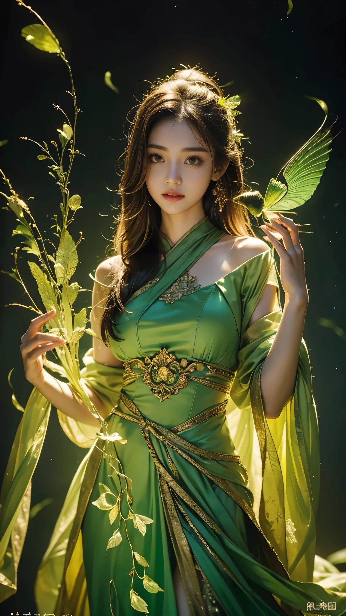 Full figure, seven -clinging shooting, 1, wearing firefly clothes, exquisite faces, details, hands, ultimate details, amazing magnificence, Pedaipan style, fiber hair, glowing green firefly, glowing green firefly,