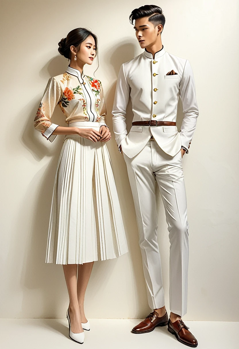 candid fashion illustration of two young man and women, 20 year old, adorned in a crafted North Thai traditional outfits, Lampang, ((showcase fashion in cotton handwoven all in white)), simple elegant style, The man wears a simple long-sleeved white mandarin collar suit, paired with Tailor pants, and oxford shoes, The woman complements him with ((white tubular skirt)), ankle-length,  simple minimal patterns details, fitted intricately decorated blouse that complements the skirt, front standing, Captured in full-body image, ((imperfect water color background)), sketching, realistic drawing, imperfect water color painting, fashion look book, fashion illustrator, sketch design, meticulous details,