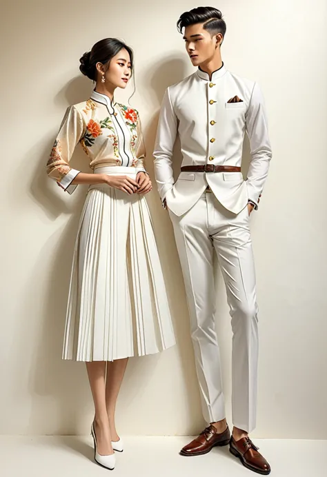 candid fashion illustration of two young man and women, 20 year old, adorned in a crafted north thai traditional outfits, lampan...