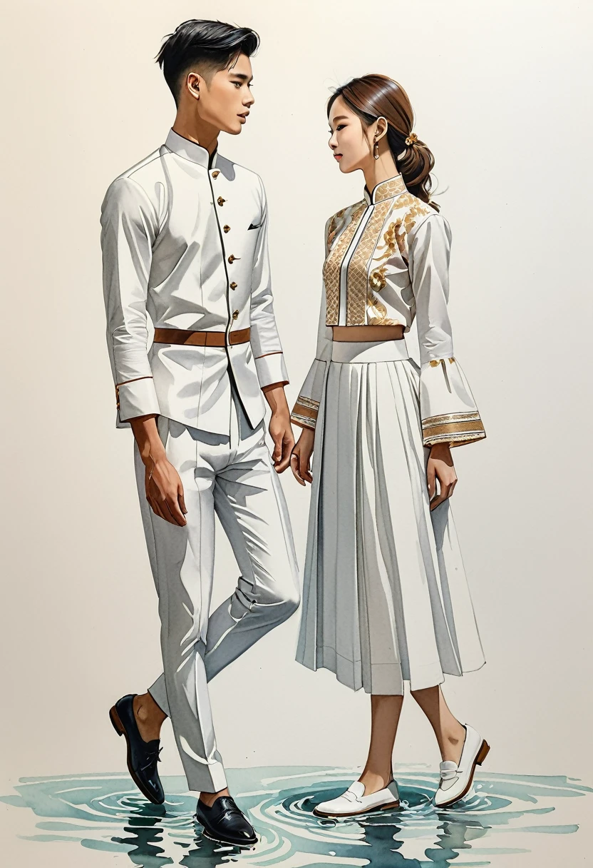 candid fashion illustration of two young man and women, 20 year old, adorned in a crafted North Thai traditional outfits, Lampang, ((showcase fashion in cotton handwoven all in white)), simple elegant style, The man wears a simple long-sleeved white mandarin collar suit, paired with Tailor pants, and oxford shoes, The woman complements him with ((white tubular skirt)), ankle-length,  simple minimal patterns details, fitted intricately decorated blouse that complements the skirt, front standing, Captured in full-body image, ((imperfect water color background)), sketching, realistic drawing, imperfect water color painting, fashion look book, fashion illustrator, sketch design, meticulous details,