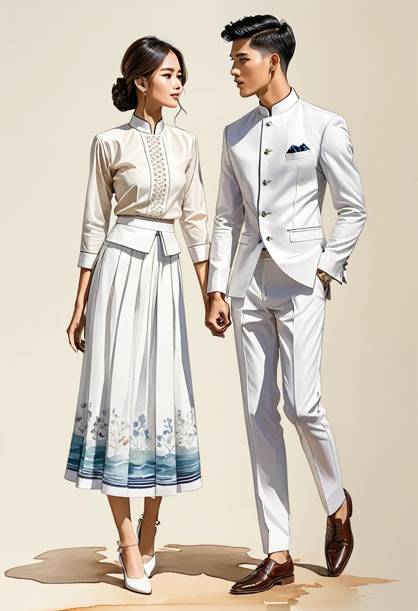 candid fashion illustration of two young man and women, 20 year old, adorned in a crafted North Thai traditional outfits, Lampang, ((showcase fashion in cotton handwoven all in white)), simple elegant style, The man wears a simple long-sleeved white mandarin collar suit, paired with Tailor pants, and oxford shoes, The woman complements him with ((white tubular skirt)), ankle-length,  simple minimal patterns details, fitted intricately decorated blouse that complements the skirt, front standing, Captured in full-body image, ((imperfect water color background)), sketching, realistic drawing, imperfect water color painting, fashion look book, fashion illustrator, sketch design, meticulous details,