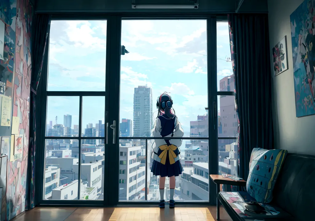 Anime girl wearing headphones looking out the window at the city, Lo-fi Girl, Anime atmosphere, Lofi Artstyle, Anime Style 4k, A...