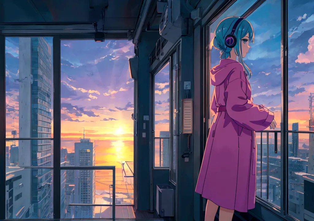 Anime girl wearing headphones looking out the window at the city, Lo-fi Girl, Anime atmosphere, Lofi Artstyle, Anime Style 4k, A...