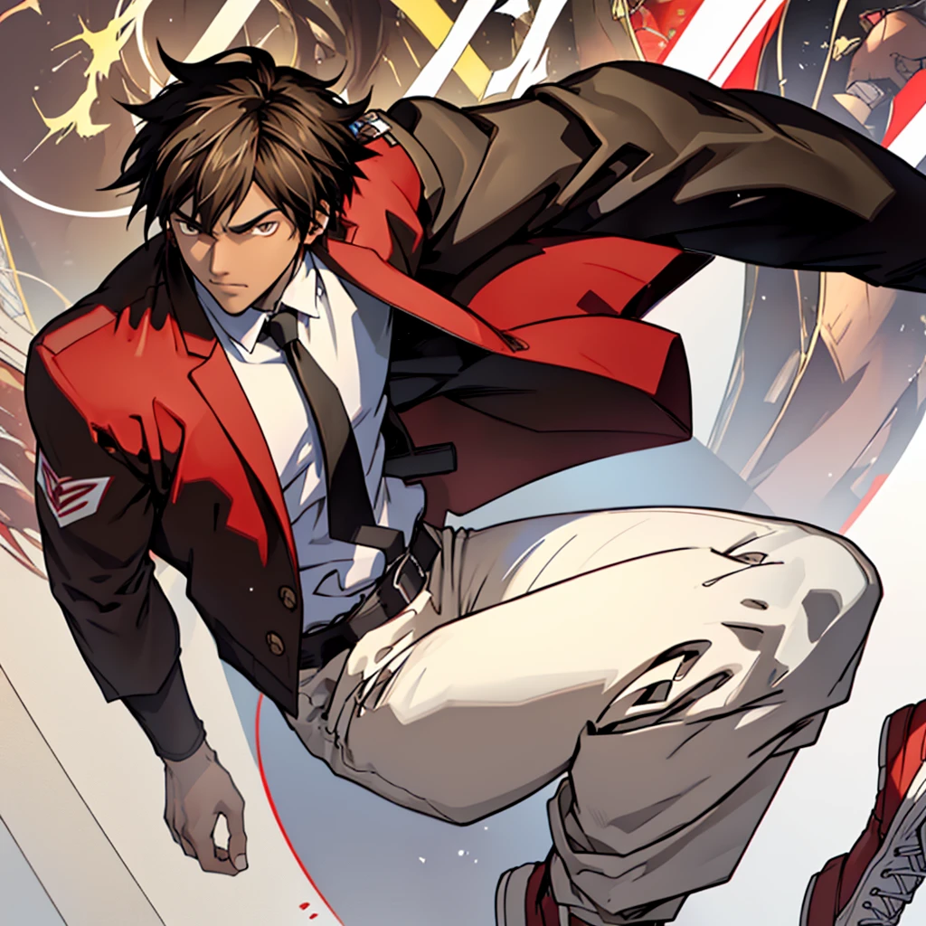 Create a comic slender brown male character with almost straight and pointy hair with brown eyes wearing a red outfit and black pants and a white jacket with white shoes 