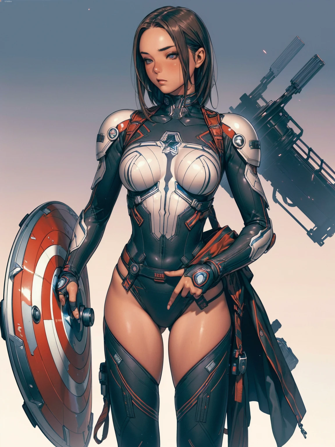 (((Captain America))), ((best qualityer)), (((dark blue with white stars))), (((red and white stripes))), (((slim))), (Muscles), (((fit body armor suit))), ((Perfect masterpiece)), (detailded: 1.4), (absurdrez), (((long hair with heavy bangs covering the entire forehead))), (((full body fitness, Venom symbol)), (((short hair woman, blushful))), 2 woman, beautiful sexy woman, giant robot pilot, wild with perfect corpo fitness, wearing small mecha battle armor clothes, tiny thong, Shonen manga style, clothing with Japanese cyberpunk graphic patterns, Halftone pattern and vertical stripes, earth tone, exiting the body of a giant robot, (((cowboy shot)))