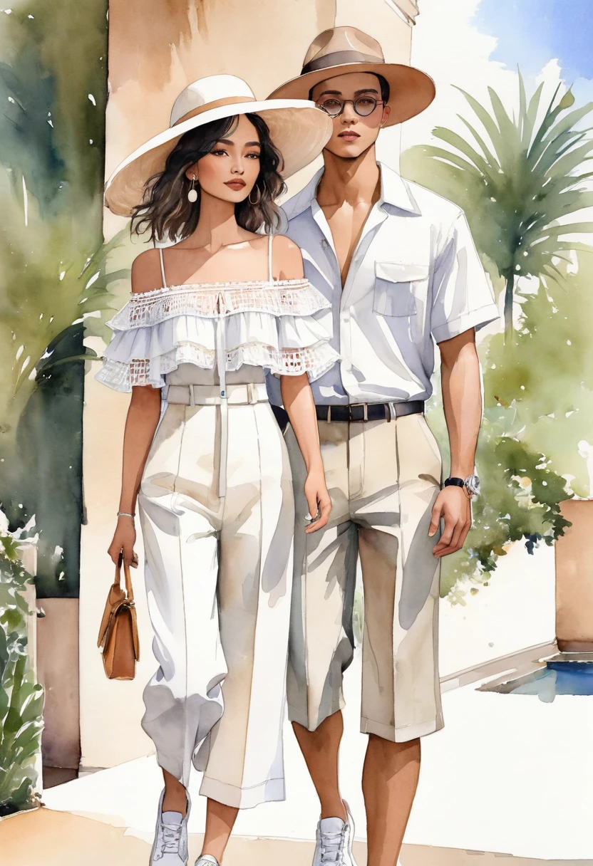 Ilustración de moda sincera de un hombre y una mujer jóvenes de raza mixta, ambos con 2 años, ((showcase libro de look de moda in pale Earth tone outfits)), inspirado en la colección resort 2022 de Jacquemus, en un estilo elegante joven chic bohemio. El hombre lleva una camisa de rayas de manga corta de gran tamaño con detalles de encaje, combinado con pantalones cortos de pierna ancha blancos de corte holgado, cómodo y silueta clásica. He completes his look with zapatillas blancas and round glasses. La mujer lo complementa con un minivestido blanco de sol, en tejido de algodón tejido con cuello con volantes y detalles mínimos de encaje, Su conjunto incluye accesorios con un sombrero de paja de ala ancha., zapatillas blancas, Capturado en un ángulo dinámico, ((Imagen de cuerpo completo)), ((fondo de acuarela pálido imperfecto)), dibujando, dibujo realista, dibujo imperfecto en acuarela, libro de look de moda, ilustrador de moda, diseño de boceto, Chic Boho, paleta de colores acuarela,