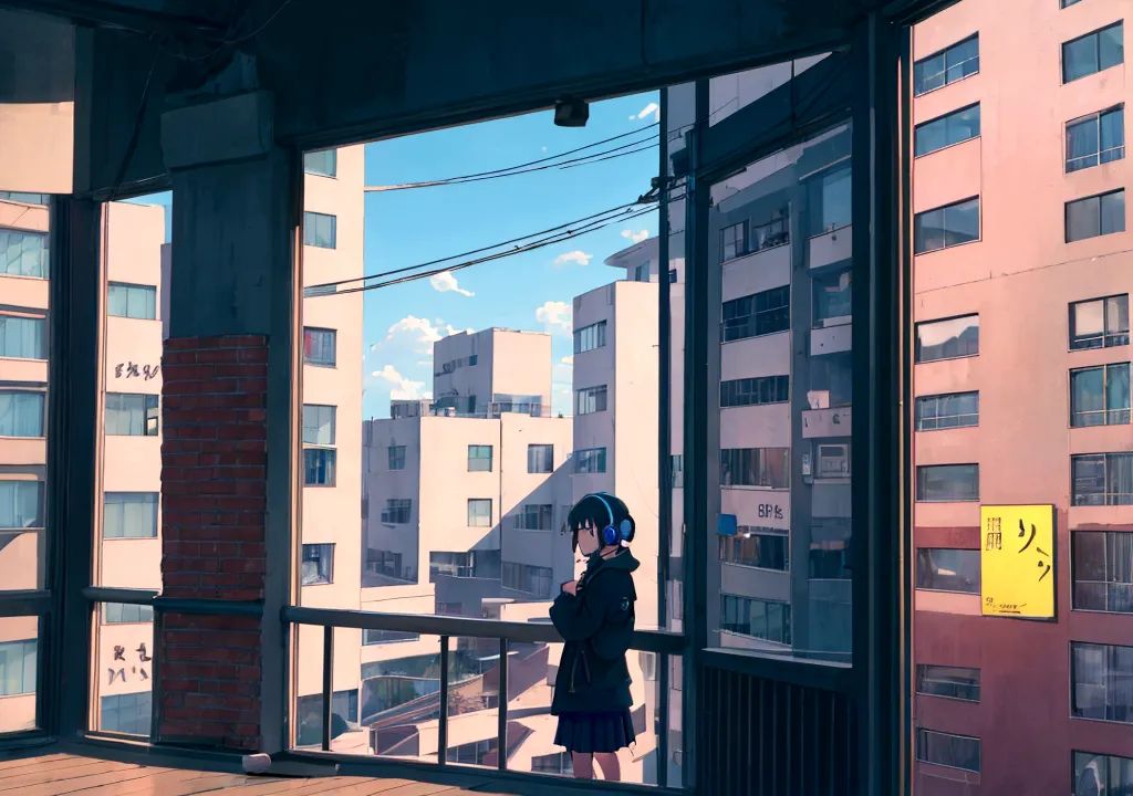 anime girl wearing headphones looking out the window at the city, lo-fi girl, anime atmosphere, lofi artstyle, anime style 4k, a...