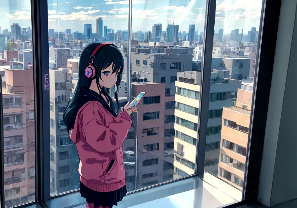 Anime girl wearing headphones looking out the window at the city, Lo-fi Girl, Anime atmosphere, Lofi Artstyle, Anime Style 4k, A...