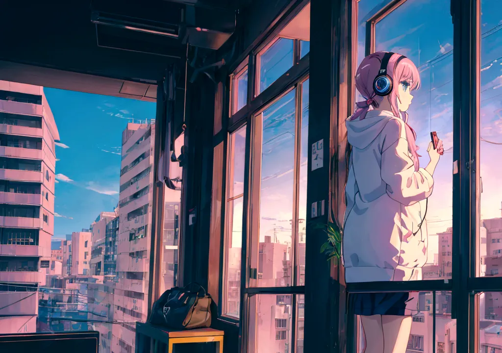 anime girl wearing headphones looking out the window at the city, lo-fi girl, anime atmosphere, lofi artstyle, anime style 4k, a...