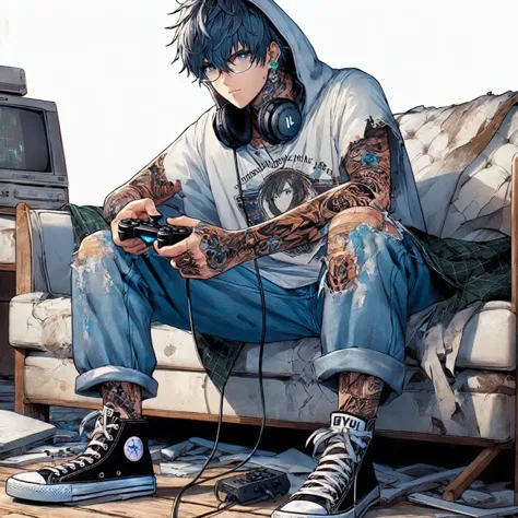 anime guy sitting on a couch with a video game controller, 4 k manga wallpaper, anime boy, anime style 4 k, 2 d anime style, ani...