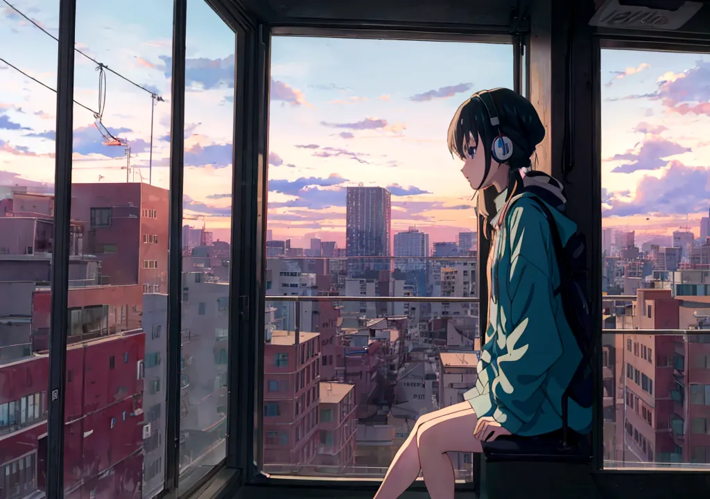 Anime girl wearing headphones looking out the window at the city, Lo-fi Girl, Kaisei and Artgelm, Anime atmosphere, Lofi Artstyl...