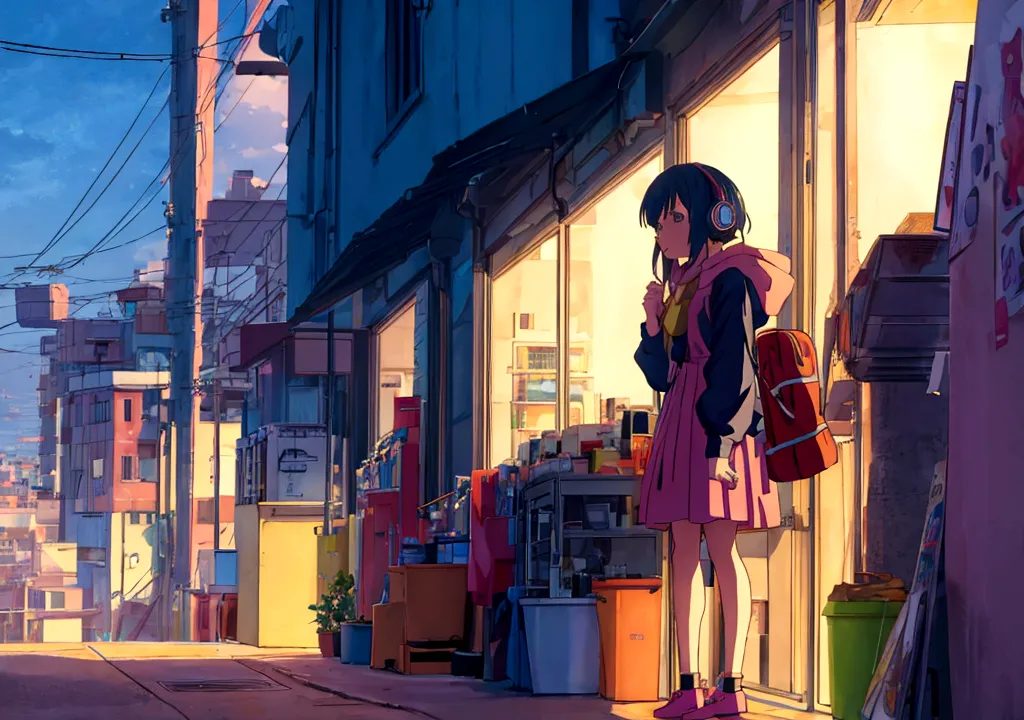 Anime girl wearing headphones looking out the window at the city, Lo-fi Girl, Kaisei and Artgelm, Anime atmosphere, Lofi Artstyl...