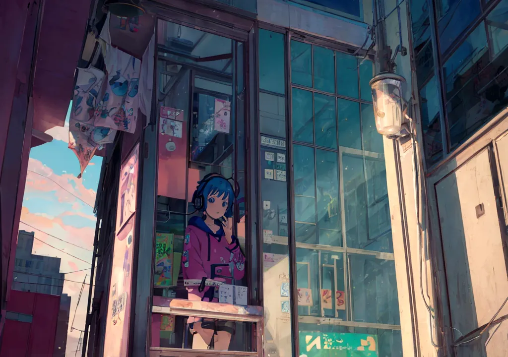 anime girl wearing headphones looking out the window at the city, lo-fi girl, kaisei and artgelm, anime atmosphere, lofi artstyl...